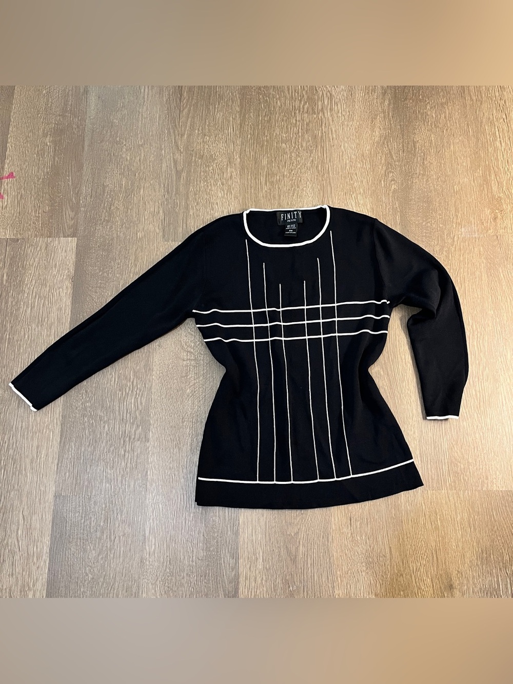 Finity Petite Black Crewneck Top with White Grid Trim
